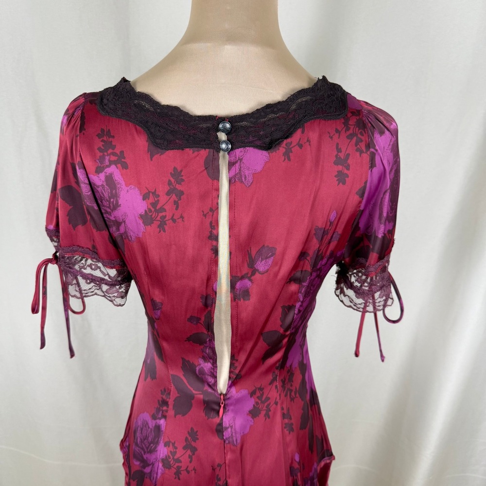 Free People Jos Printed Satin Mini Dress Berry Combo Drop Waist Lace Sz XS EUC - Picture 6 of 12